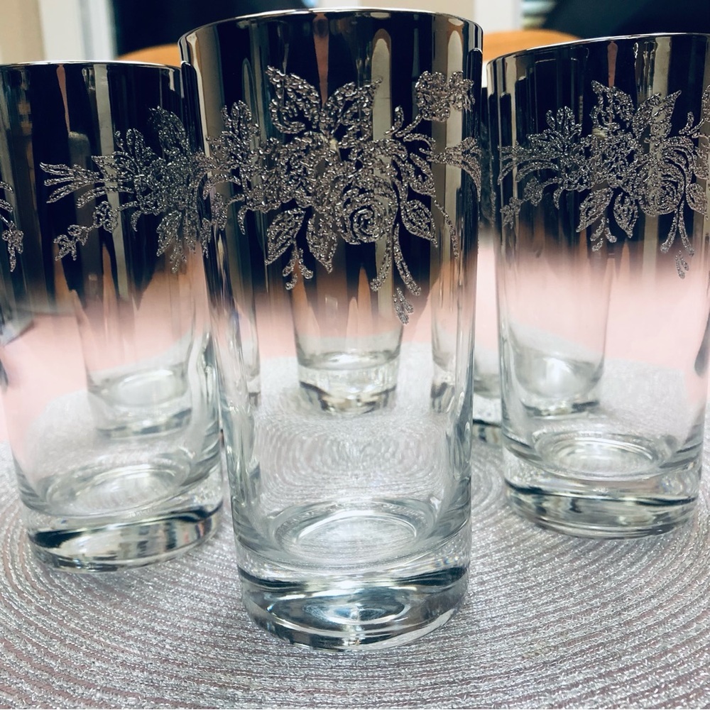 1970s Vitreon Queen’s Lustreware 6 Silver Platinum Mirror OmbreHighball Glasses - Picture 3 of 11